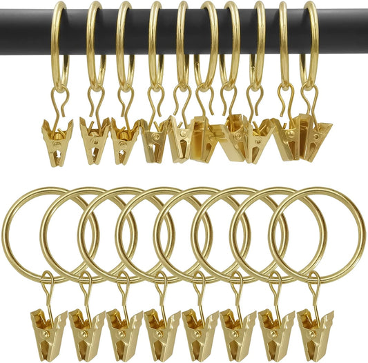100 Pack Gold Curtain Rings with Clips, Curtain Hooks Hangers Clip Rings for Hanging Drapes Bows Hat, Drapery Rings 1.26 in I D, Fits up to 1 in Diameter Curtain Rod.