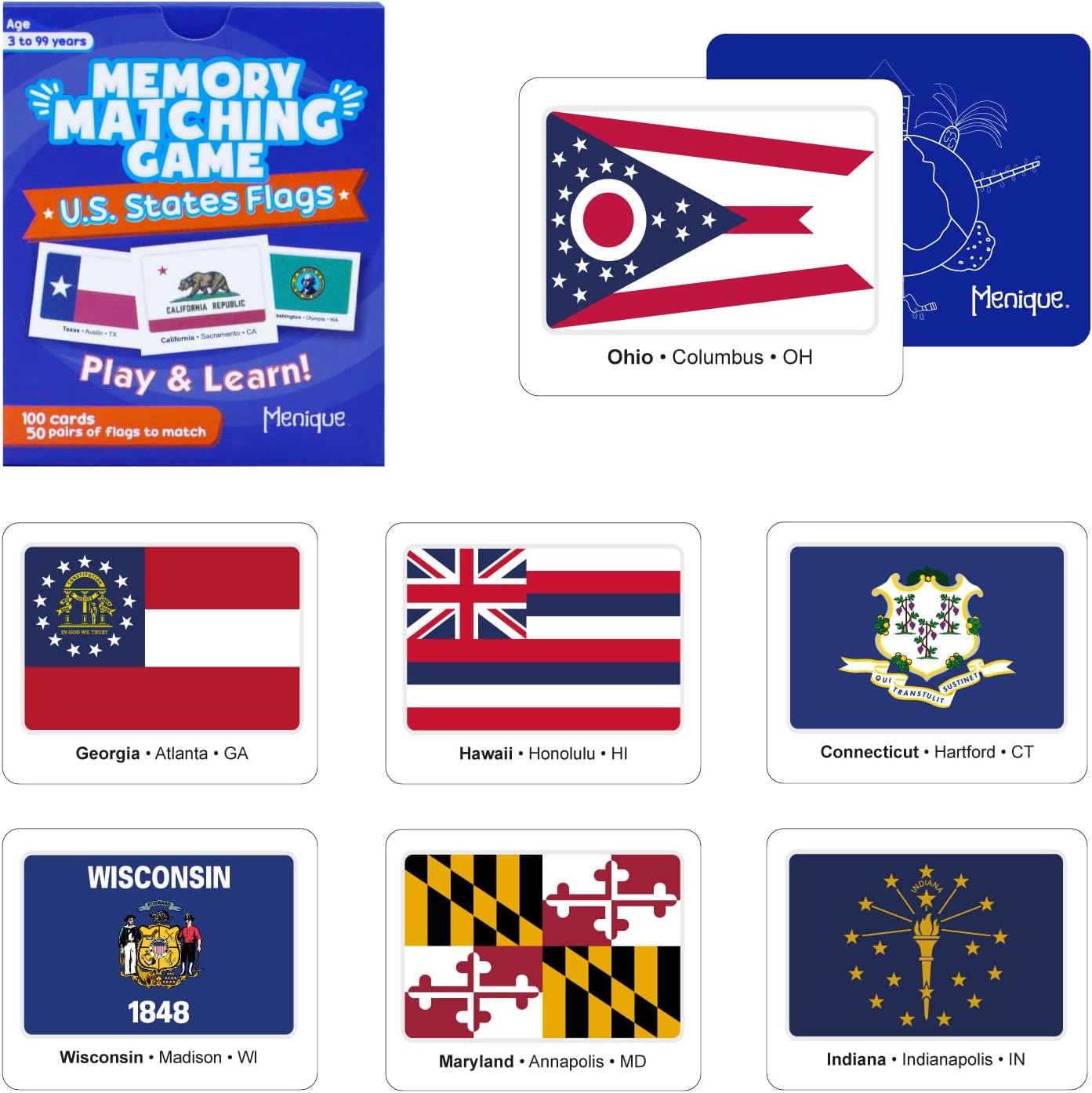 Menique U.S. States Flags Memory Matching Game – 100 Cards (50 Pairs) – Learn State Flags, Capitals & Abbreviations – Educational Card Game for Kids and Adults