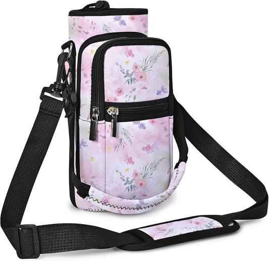 25/32/40/64oz Water Bottle Bag Holder Carrier-Insulated Crossbody Sling Case Sleeve with Strap & Pockets for Men Women Gym Cycling Travel Walking Hiking Camping