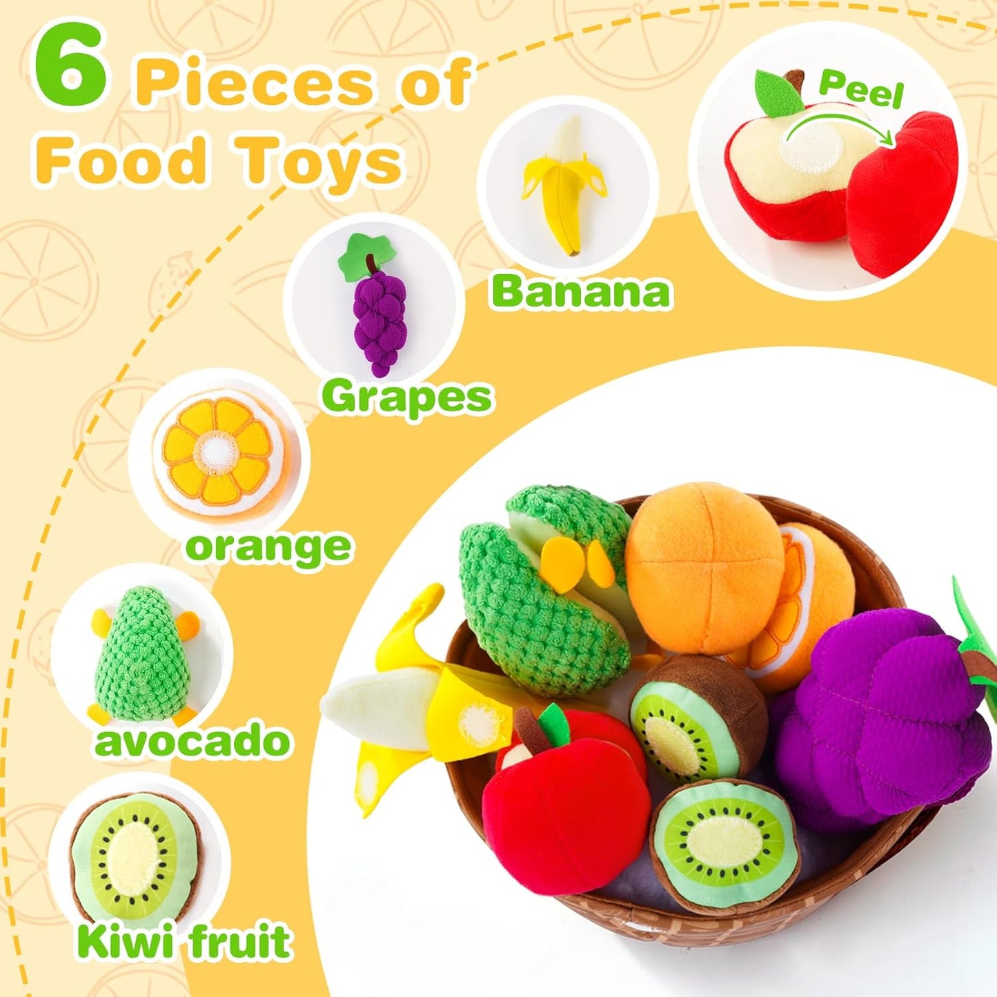 Play Food for Toddler 1-3, Plush Pretend Food Set with Sorting Fruit Basket, Baby Sensory Toys 6-12 Months, Montessori Learning Early Educational Toy for Infants, Gifts for 1 Year Old Boy Girl