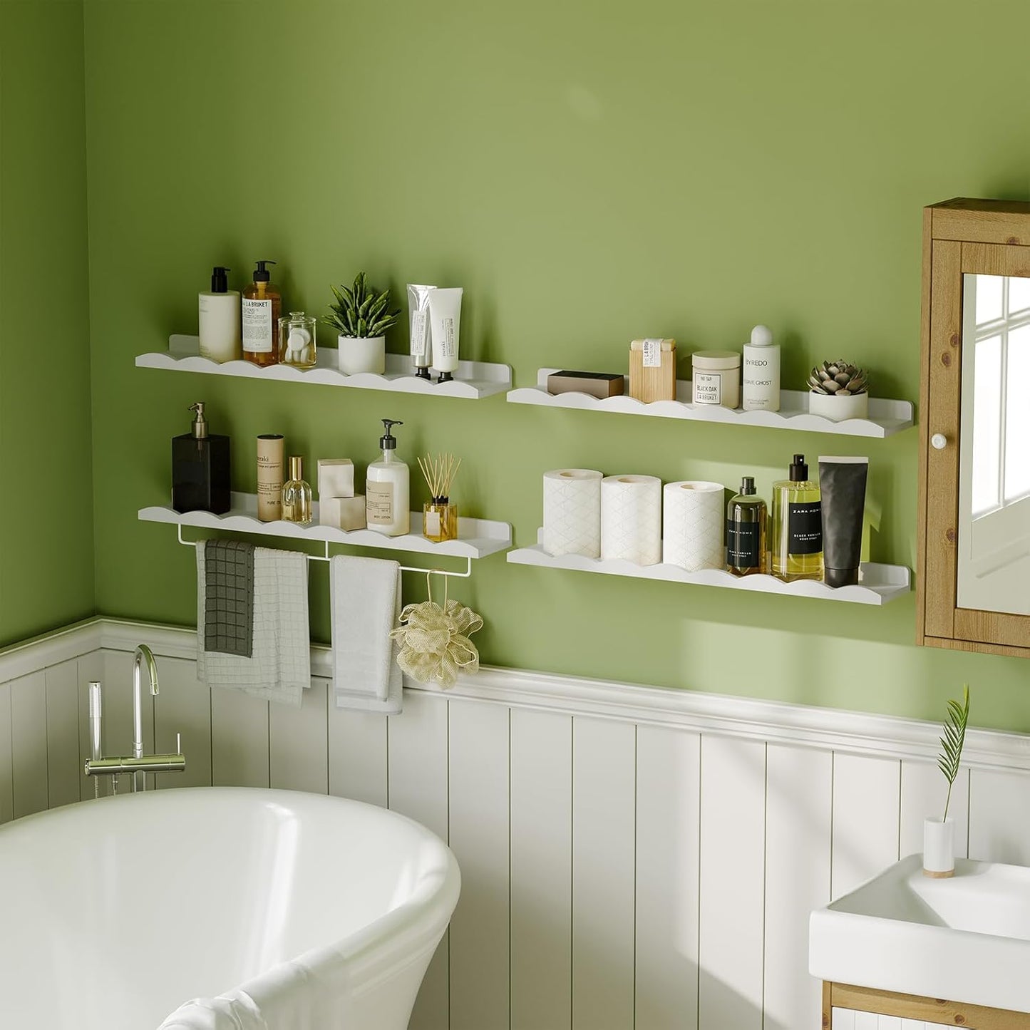 Fixwal Nursery Shelves, 24 Inch Floating Bookshelves for Wall Set of 4, Scalloped Wall Book Shelves with Towel Rack for Kids, Toddler Room, Baby Room, Nursery Decor and Storage(White)