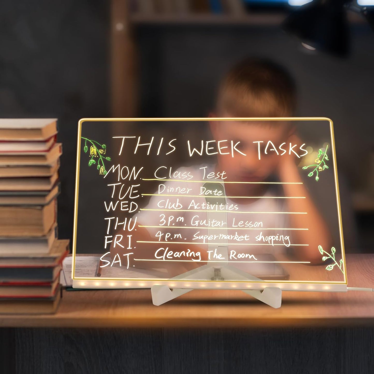 LED Note Board with Color, 11.8 X 7.9 in LED Drawing Board, Glowing Acrylic Dry Erase Board, Light Up Acrylic Message Board Notepad with Adjustable Stand and 7 Color Pens