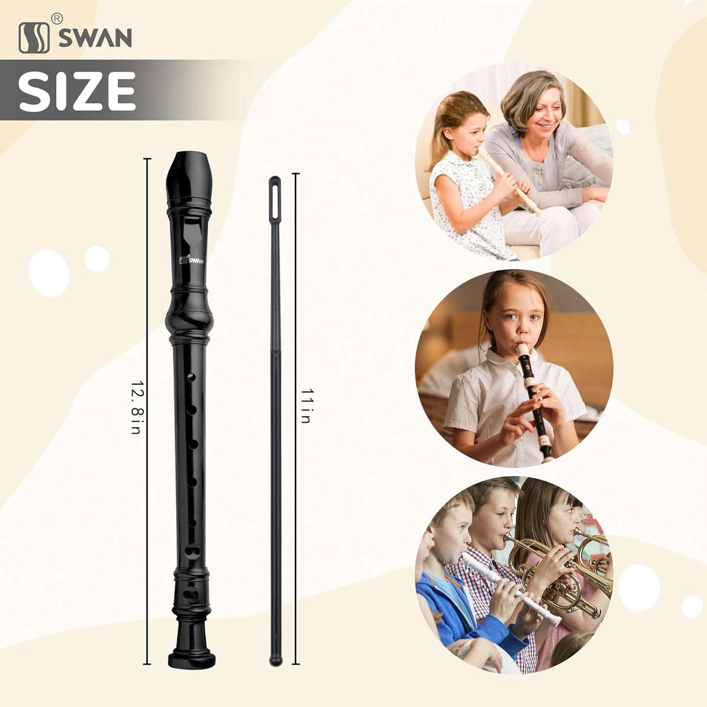 SWAN Soprano Recorder Instrument for Beginners Kids Student - German Fingering 8 Hole Flute Descant Recorders with Cleaning Rod Fingering Chart, Black