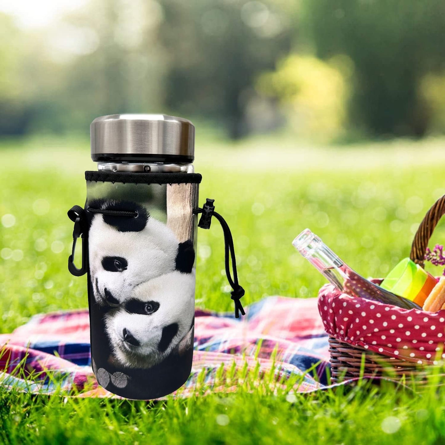 Water Bottle Bag Carrier, Water Bottle Neoprene Sleeve Portable Insulator Bottle Cover Drawstring Insulator for 18 Oz 20 Oz Water Bottle (Panda)