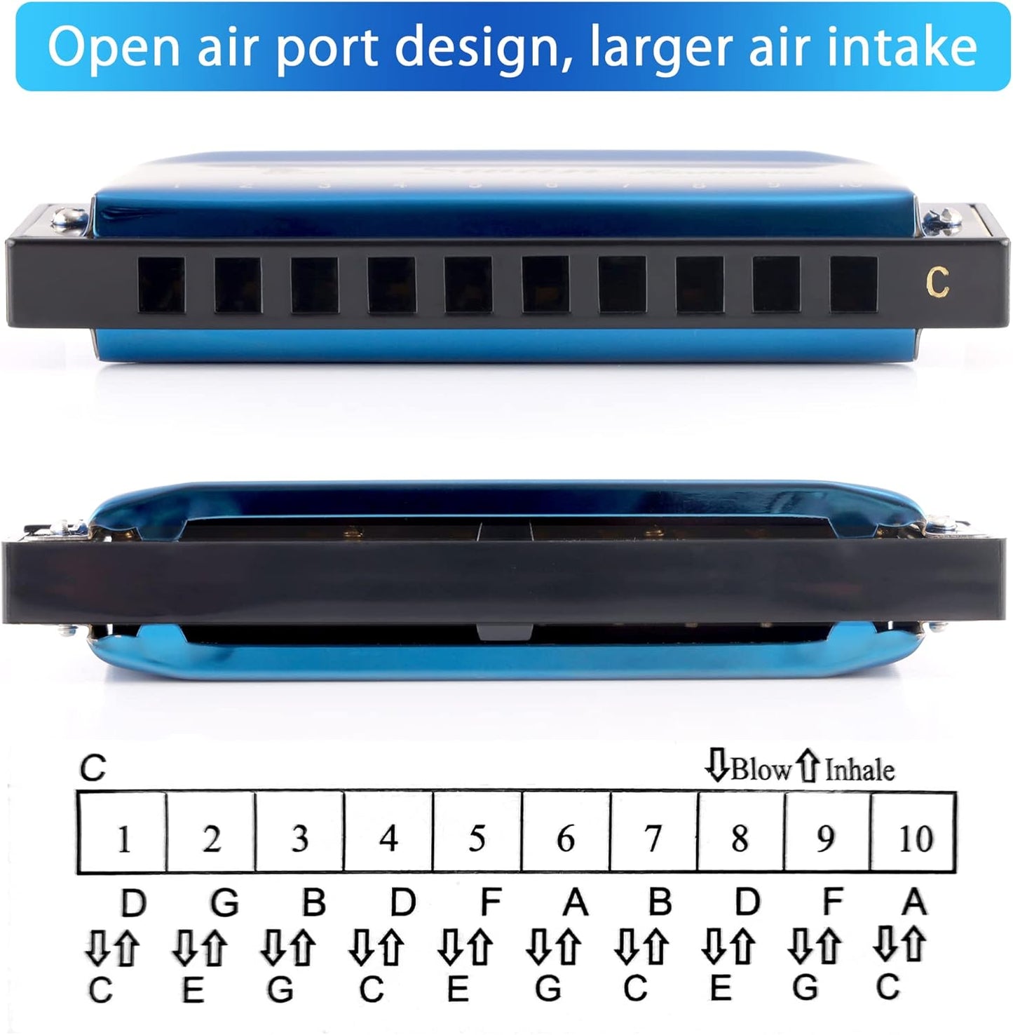 SWAN Blues Harmonica Key of C Mouth Organ Diatonic Harmonica with Case, 10 Hole 20 Tones Stainless Blues Harp for Adults, Beginners and Professional (Sapphire Blue)