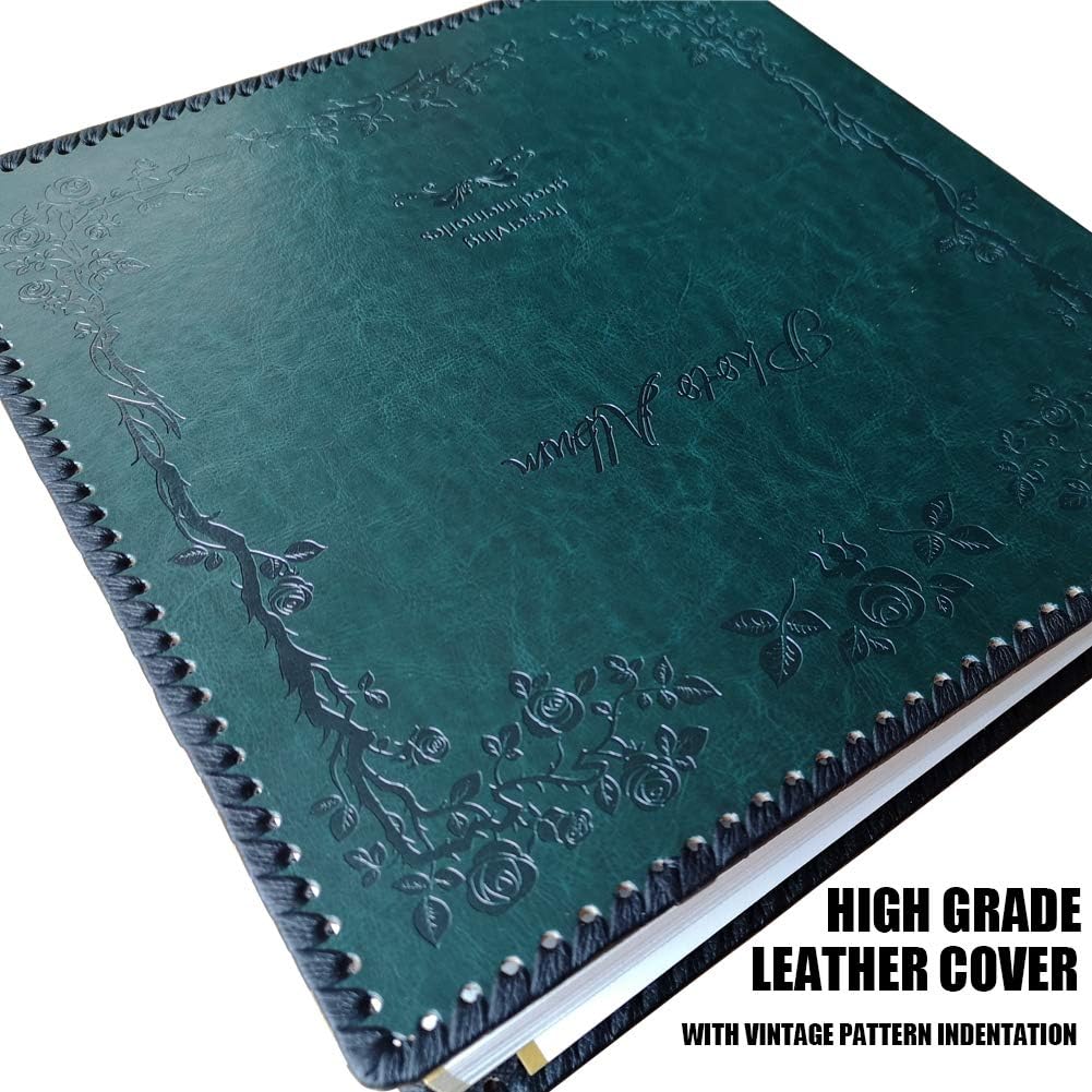 Photo Album Self Adhesive Pages, Large Magnetic Self-Stick Picture Album with Leather Vintage Inspired Cover, DIY Albums Holds 3X5, 4X6, 5X7, 6X8, 8X10 10X12 Photos (Darkgreen 40 Pages)