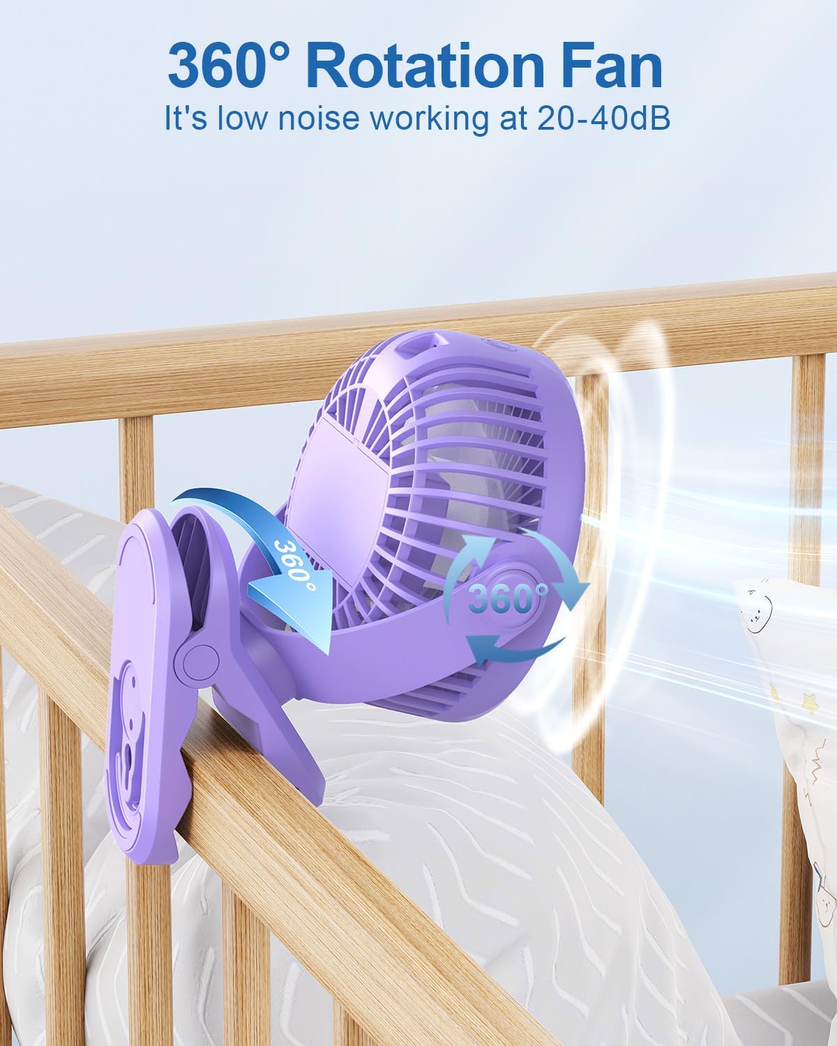 SWEETFULL Portable Clip on Fan - Battery Operated Stroller Fan, 4000mAh Small Rechargeable Fans with LED Display, 4 Speeds, Mini Personal Cooling Desk Cooler for Golf Cart Travel Camping Gym (Purple)