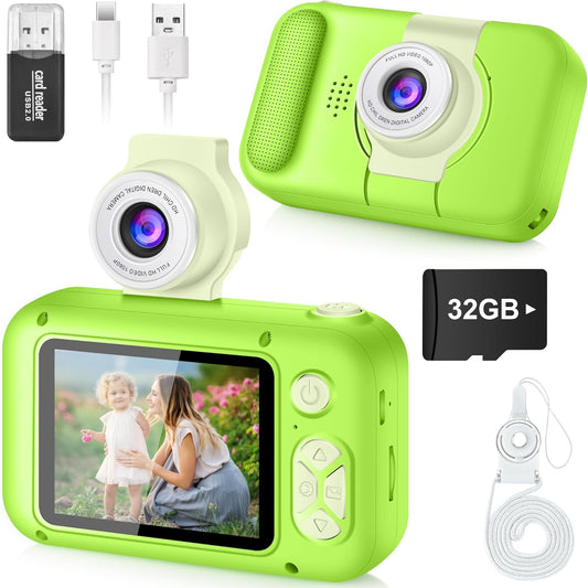 Kids Camera, Toddler Kid Digital Camera with 180°Flip Lens & 2.4in IPS Screen, Birthday Festival Gifts Present Toy for 4 5 6 7 8 9 10 11 Year Old Girls/Boys, 32 GB Card Included, X101