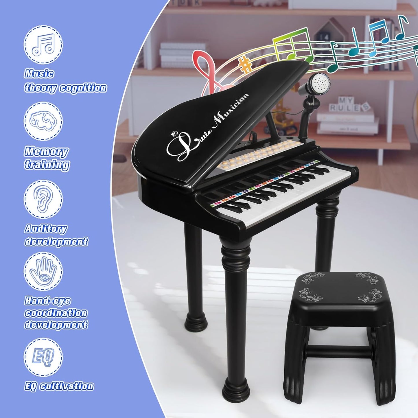 Love&Mini Piano Keyboard Toy for Kids - 31 Keys Toddlers Black Piano Toy with Microphone and Stool for Kids Age 3+ Years Old Girls Boys Birthday Gift