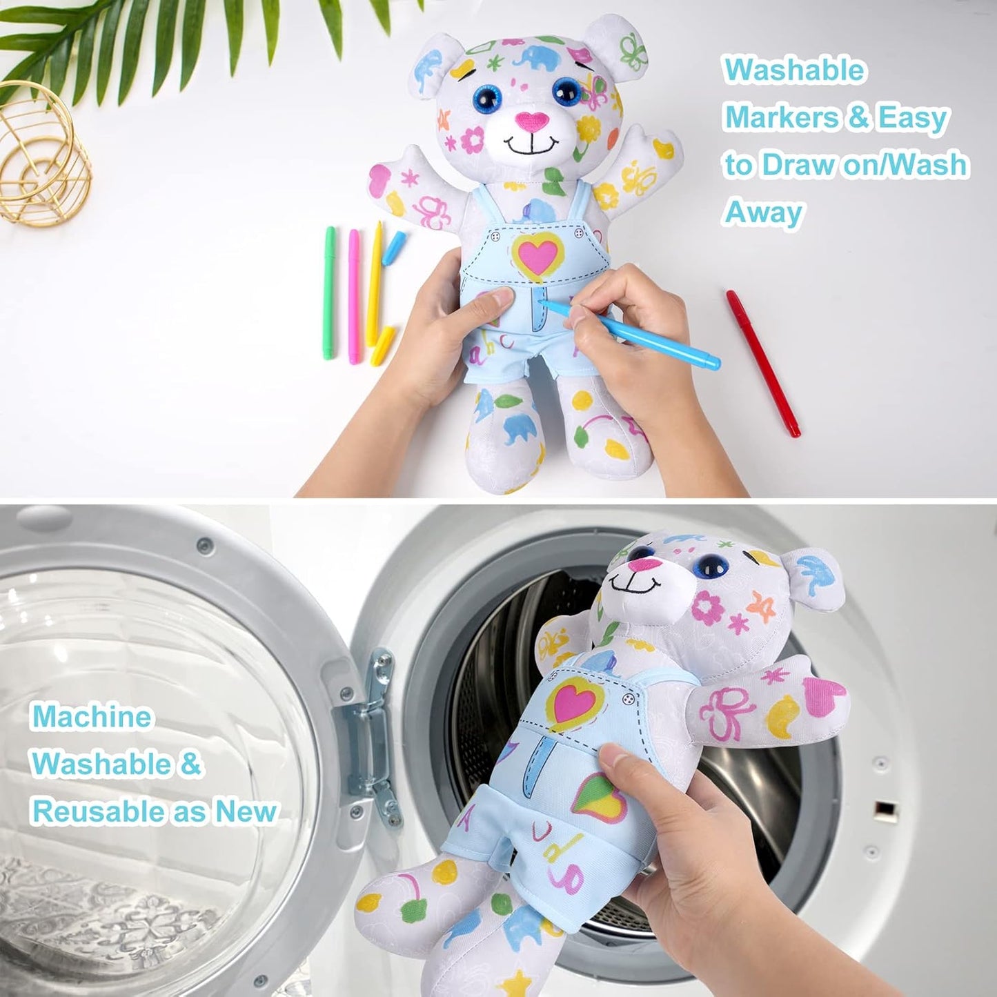 Coloring Plush Toy with 5 Washable Markers for Little Girls Doodle Dolls for Kids Ages 4-6 Birthday (Blue Bear)