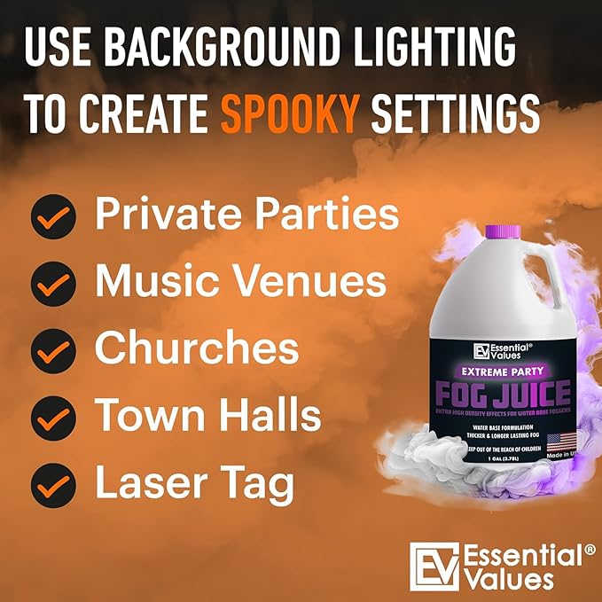 Essential Values Fog Machine Fluid - Extreme High Density Fog Juice (128 FL OZ / 1 Gallon) – White-Out Conditions for Water Based Foggers Designed for 700 Watts+ - Manufactured in USA
