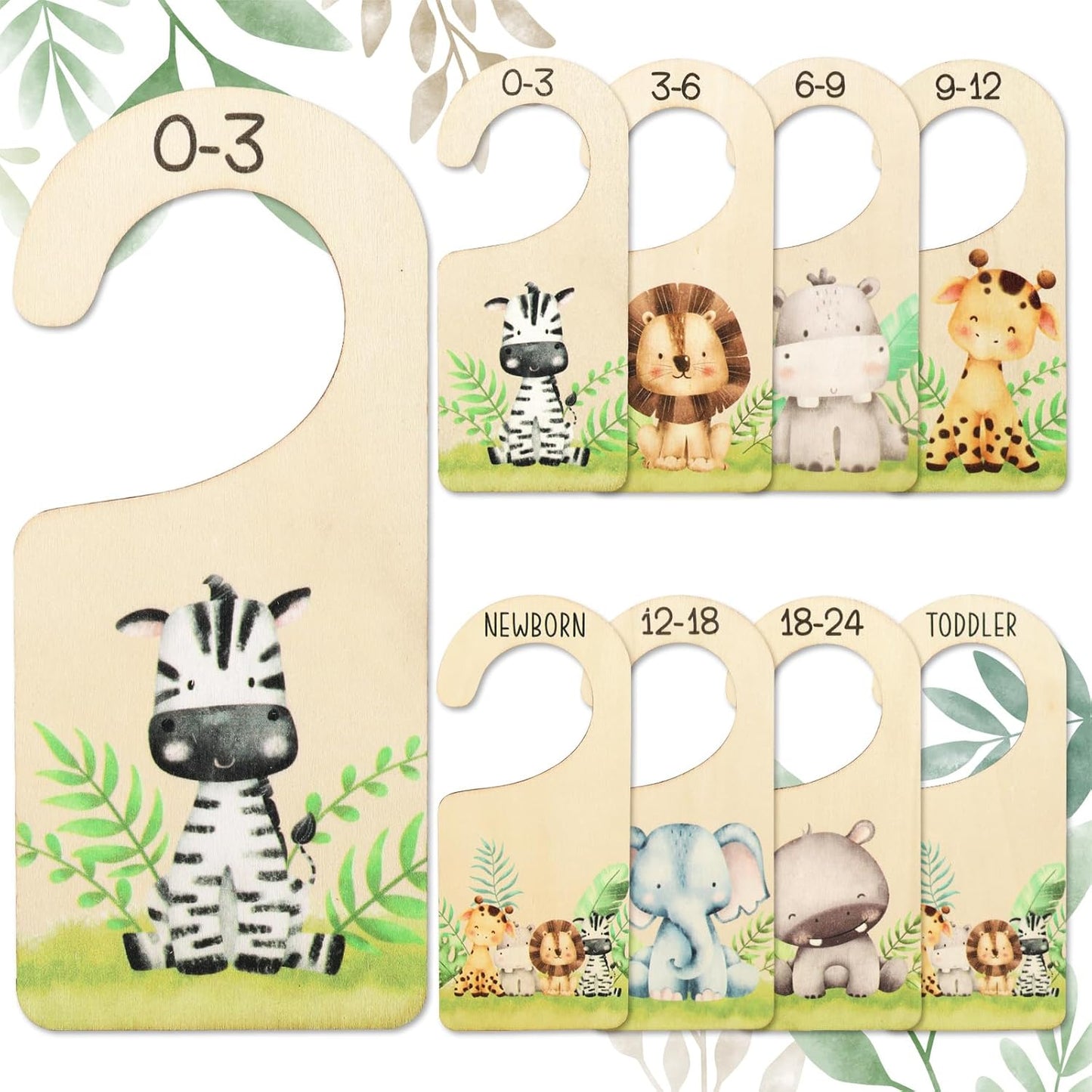 Whaline 8Pcs Baby Closet Size Dividers Watercolor Safari Animals Hanging Wooden Baby Closet Organizer Newborn to 24 Months Thicken Baby Wardrobe Organizer