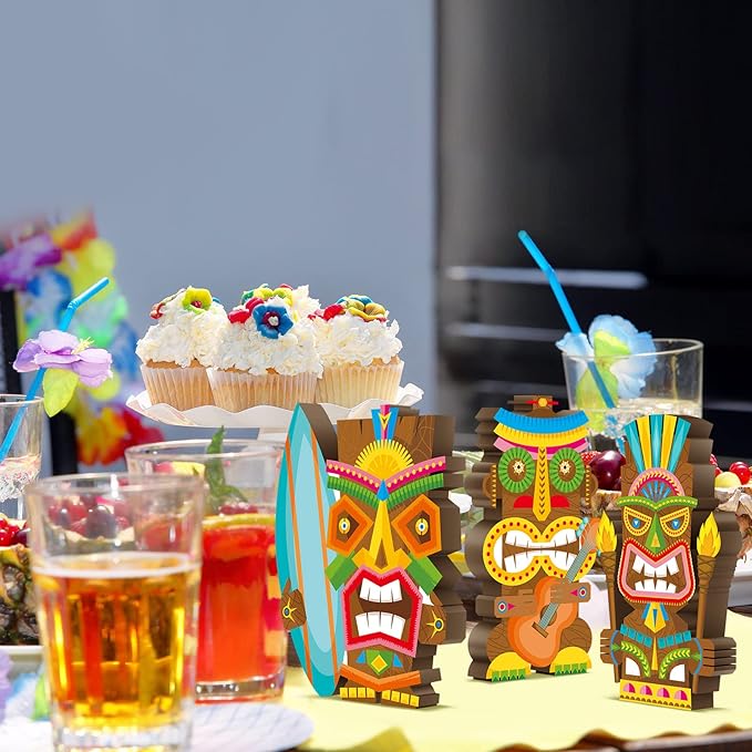 Blulu 3 Pcs Tiki Party Decor Hawaiian Luau Party Decorations Tropical Aloha Wooden Bar Table Sign Colorful Farmhouse Tiki Centerpieces for Table Summer Welcome Housewarming(Classic,7.87 Inch)