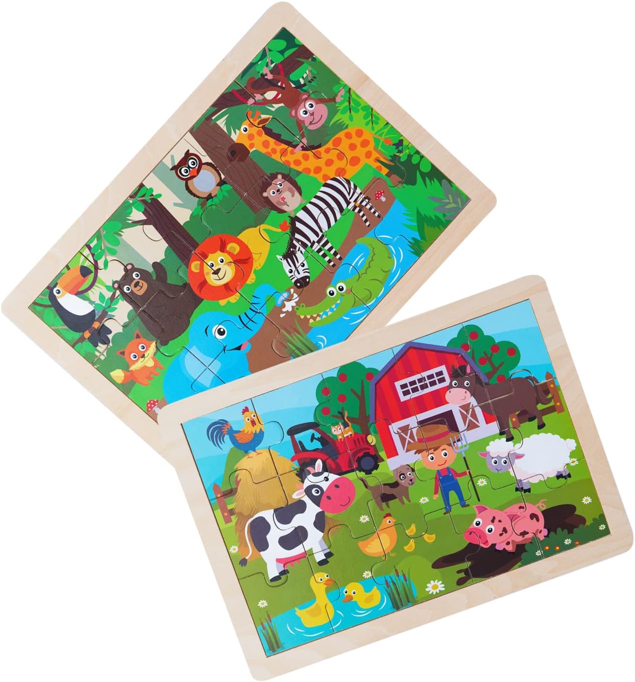 Animals Wooden Jigsaw Puzzle for Kids Set of 2 - African Wildlife and Farm Animals（15 pcs） Preschool Educational Learning Toys Gift for Toddlers Boys and Girls