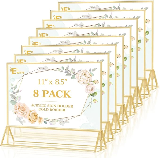 EHWINE 8 Pack Acrylic Sign Holder 8.5 x 11 Horizontal, Double-Sided Stand up Table Top Sign Holders, Gold Acrylic Picture Frame Menu Flyer Paper Holder Display Stand for Office Business Store Wedding Party