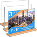 Kersally Acrylic Sign Holder 7 x 5'', 3 Pack Double-Sided Clear Table Display Stands with Wood Base,Horizontal Acrylic Frame Menu Flyer Paper Holder for Store, Restaurant, Hotel, Office, Show Fair