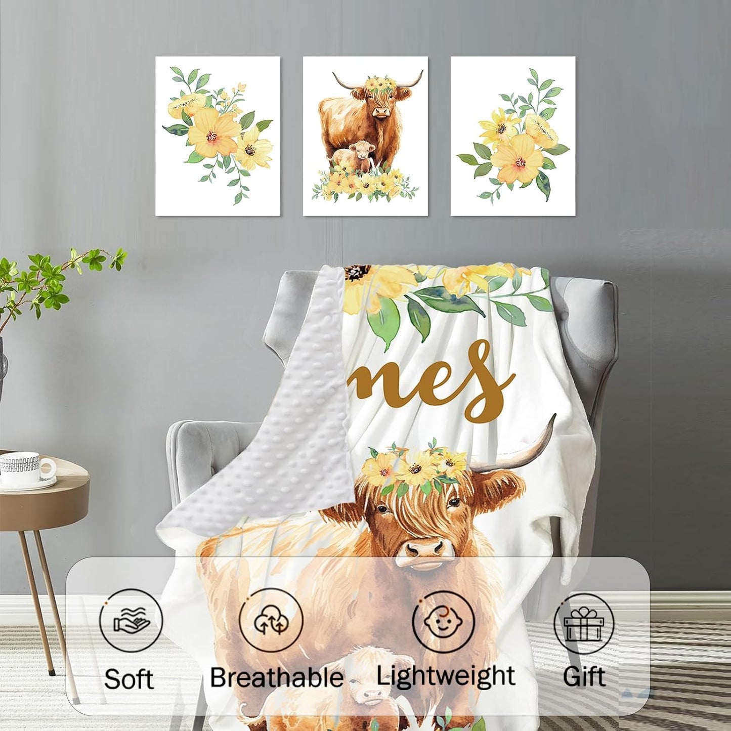 Personalized Baby Crib Bedding Set, 5-Piece Highland Cow Design Baby Crib Sets with Custom Name, Toddler Double Layer Blanket Fitted Sheets Changing Pad Cover Rug Wall Art Set, Charming Nursery Decor