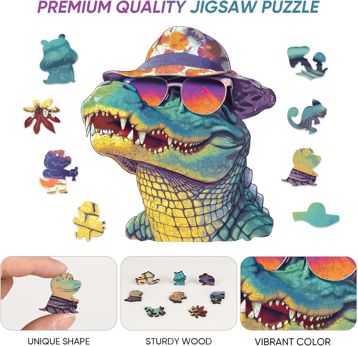 Wooden Puzzles for Adults, Glasses Crocodile Jigsaw Puzzles 200 Pieces Animal Unique Shaped Wood Cut Puzzle Gifts for Adults and Kids, Family Puzzle Games
