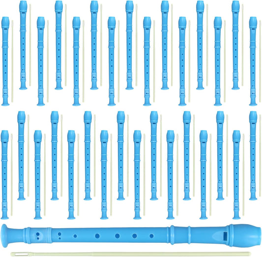 30 Pack 8 Hole Soprano Recorder Descent Flute, German Musical Recorders Instruments with Cleaning Rod, Blue Flutes for Beginners, Student Practice, School Concert