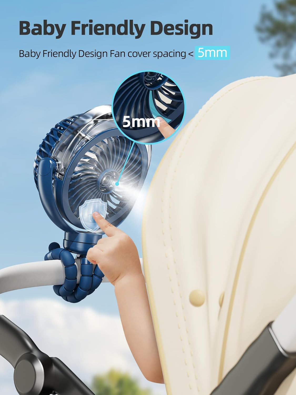 Misting Stroller Fan, 6000mAh Battery Operated Portable Fan with Light & 360° Pivoting, Personal Cooling Fans with Flexible Tripod for Baby, Office, Travel,Treadmill,Outdoors (Dark Blue)