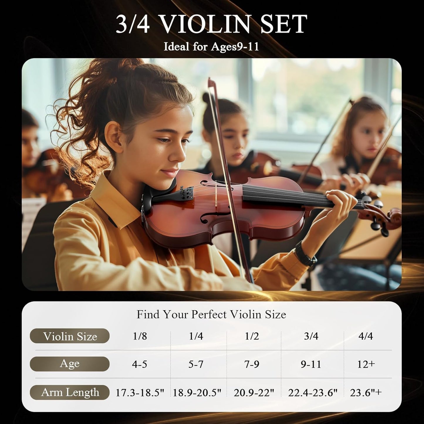 3/4 Violin Kit, Beginner Violin for Kids, Students, Complete Kids Violins Set with Case, Bow, Rosin, Ideal for Kids Violinss Beginner Ages 9-12, Brown