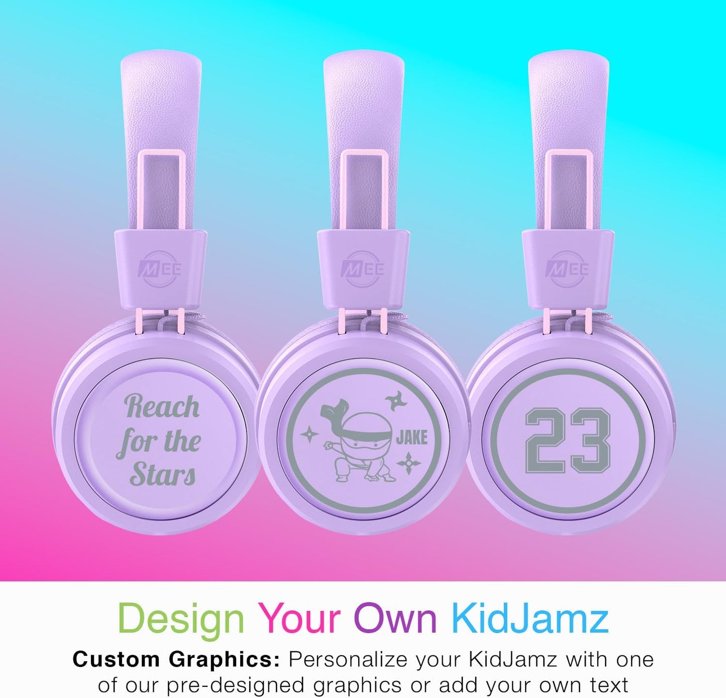 MEE audio KidJamz KJ55BT Personalized Bluetooth Wireless Safe Listening Headphones for Kids w/Custom LED-Backlit Design, Volume Limiter, Mic; Kids Headset for School/iPhone/iPad/Tablet (Lavender)