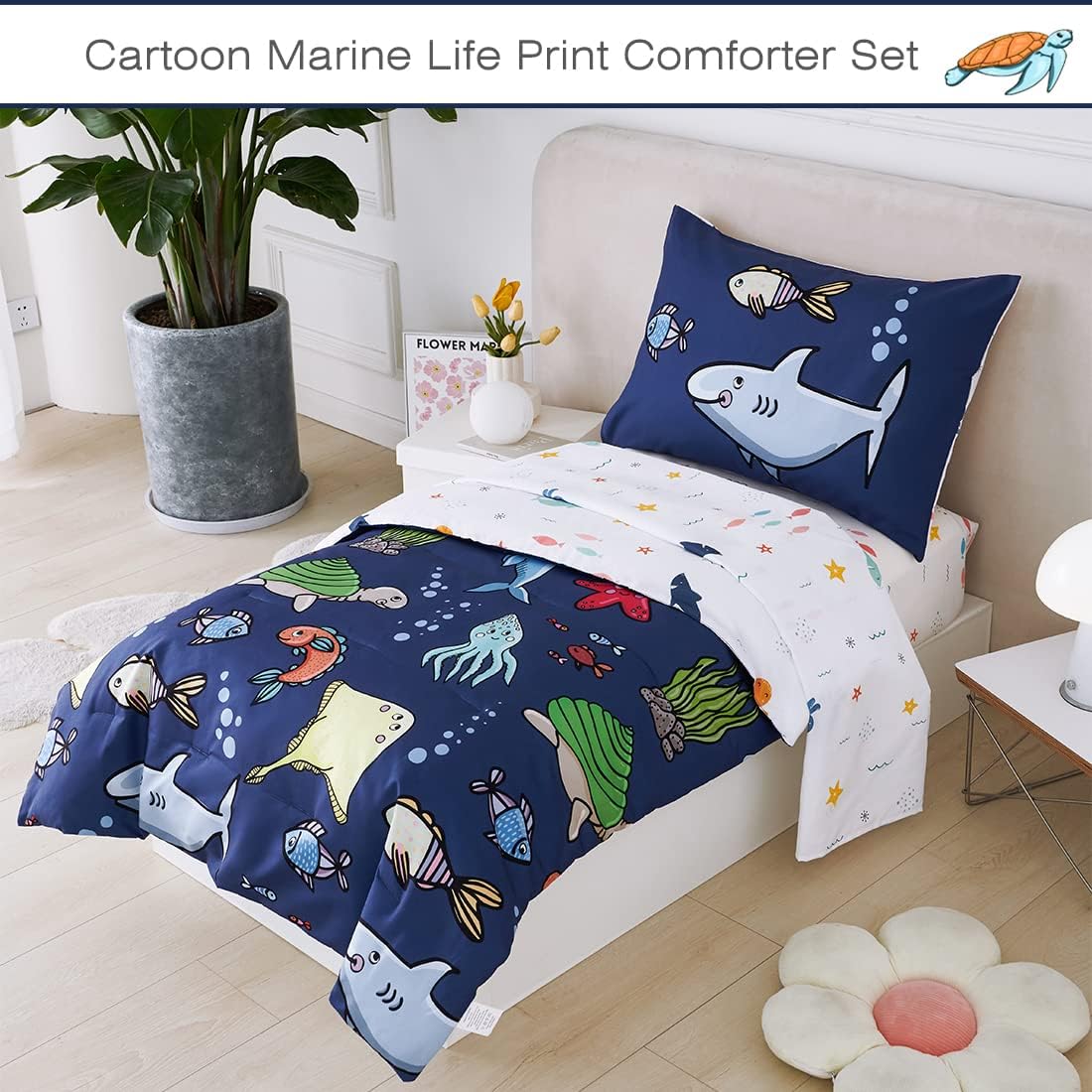 PERFEMET Kids Comforter Sets Boys Full Size-5 Piece Bed in A Bag Navy Blue Ocean Themed Comforter-Soft Reversible Cartoon Fish Shark Bedding Set for Girls Teens(Navy Blue, Ocean)