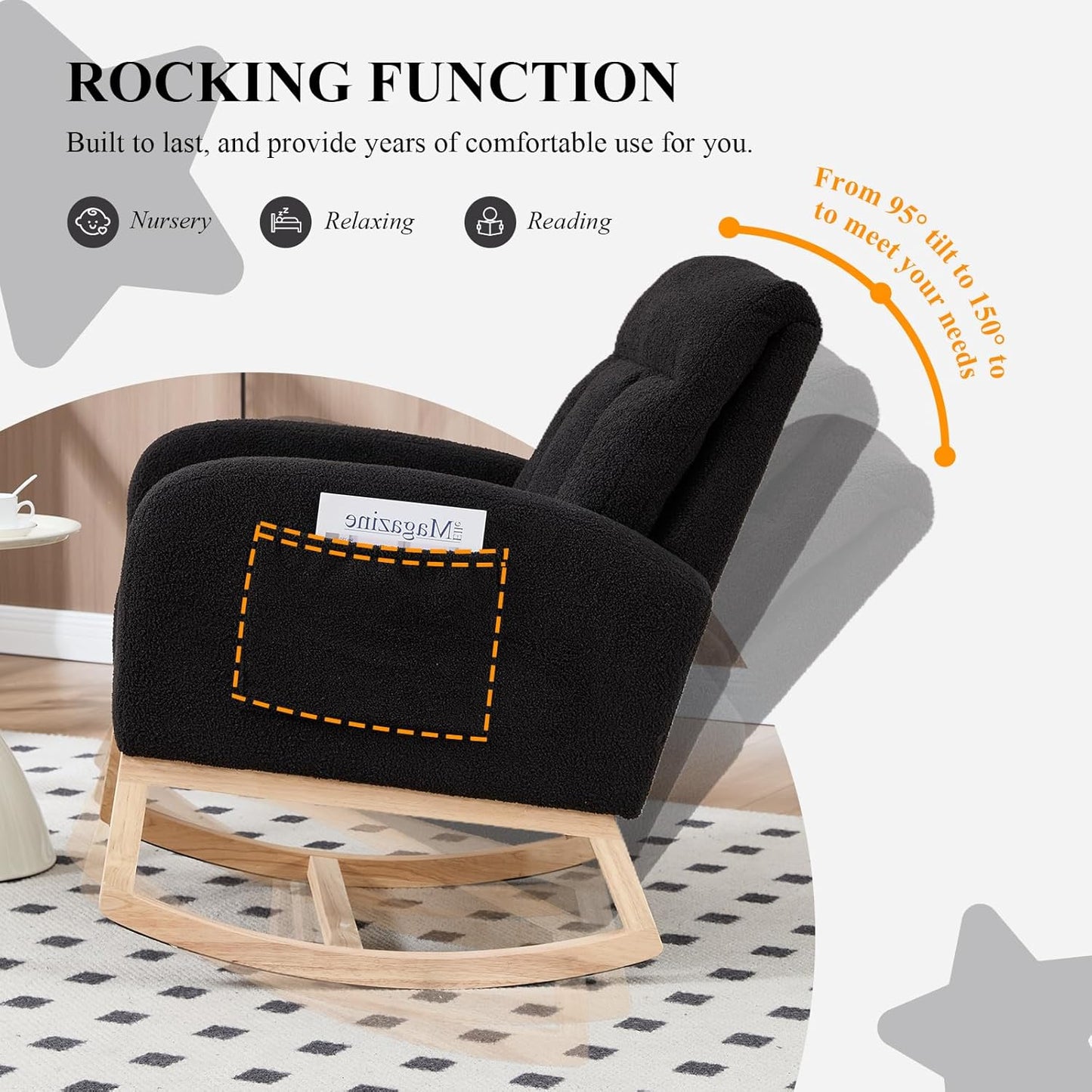 NIOIIKIT Nursery Rocking Chair, Teddy Upholstered Glider Chair with Side Pocket, Glider Rocker Chair with Tufted Back, Comfy Accent Nursing Chair for Living Room (Black Modern)