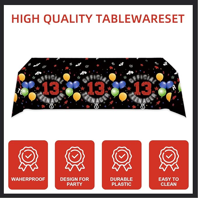 123pcs 13th Red and Black Party Decorations,Happy Birthday Banner Flags Paper,cups Straws Forks Cake Toppers Dessert plates Tablecloths and dinner plates,Officially a Teenager 13th Birthday Supplies