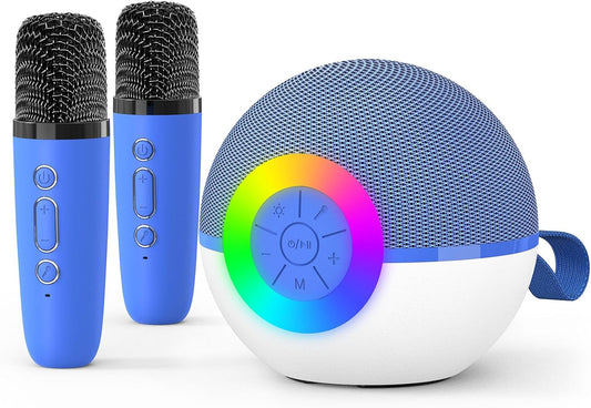 goopow Mini Karaoke Machine Speaker for Kids Adults, Portable Bluetooth Microphone Song Toys with LED Light, Best Chritmas Birthday Festival Gift for 3 4 5 6 7 8+ Year Old Girls Boys (Blue-2MIC)