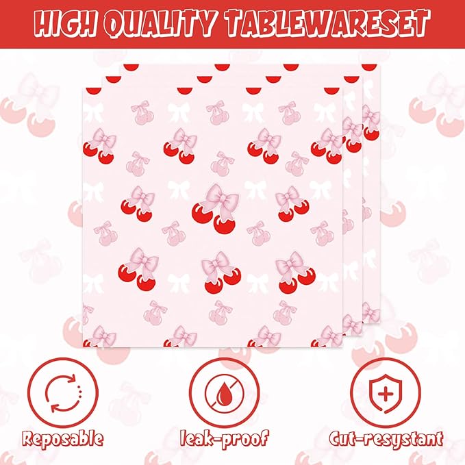 40pcs Cherry Birthday Decorations Bow Cherry Themed Plates and Napkins for Fruit Cherry Theme Birthday Baby Shower Table Decorations,for 20 Guests