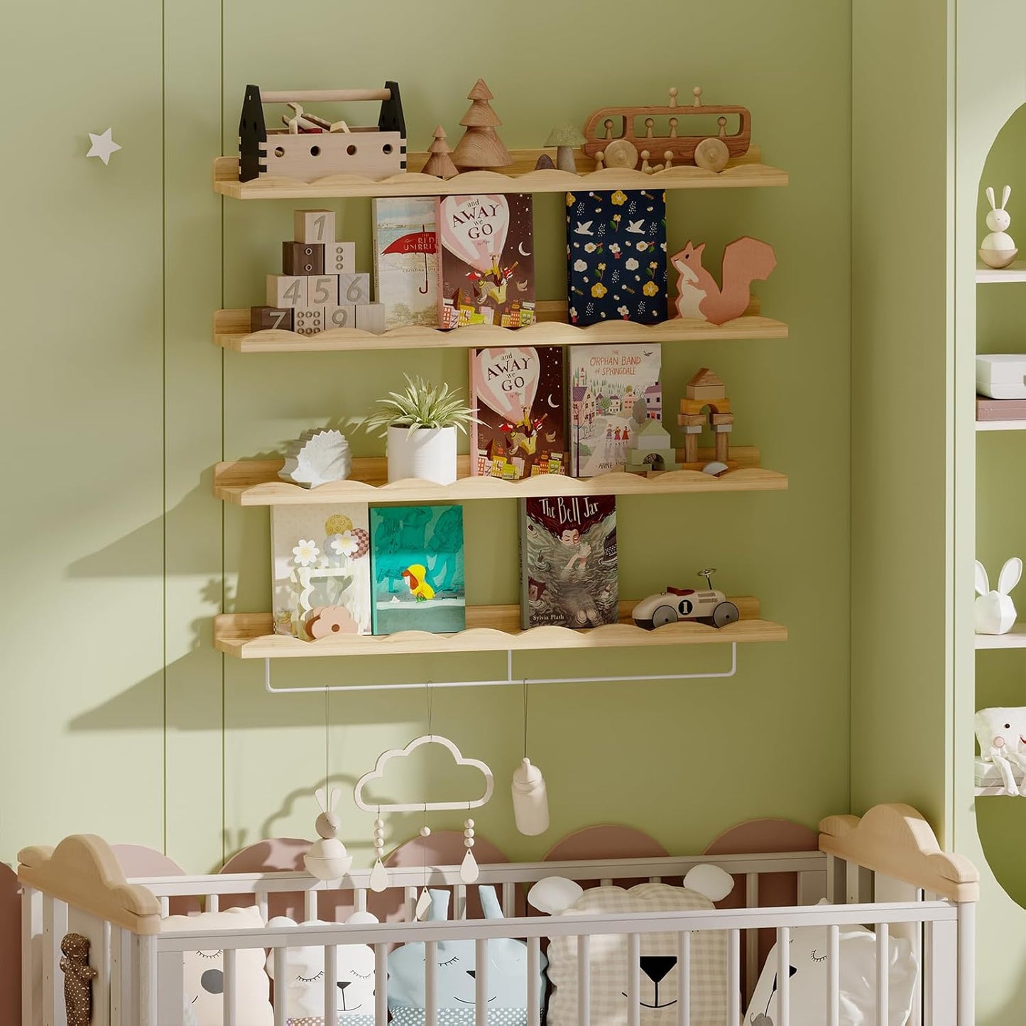 Fixwal Nursery Shelves, 24 Inch Floating Bookshelves for Wall Set of 4, Scalloped Wall Book Shelves with Towel Rack for Kids, Toddler Room, Baby Room, Nursery Decor and Storage(Natural Wood)