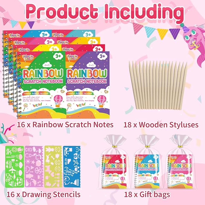 Party Favors for Kids: 16 Pack Rainbow Scratch Art Notebook Back to School Students Classroom Gifts Bulk for Girls Boys Goodie Bags Stuffers, Return Gifts for Birthday Party Favors Bulk