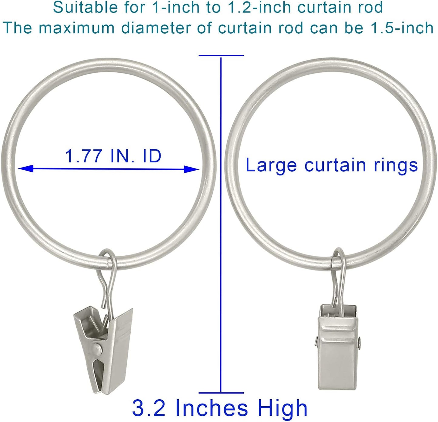 40 Pack Matte Silver Curtain Rings with Clips, Curtain Hooks Hangers Clip Rings for Hanging Drapes Bows Hat, Drapery Rings 1.77 in I D, Fits up to 1.5 in Diameter Curtain Rod.