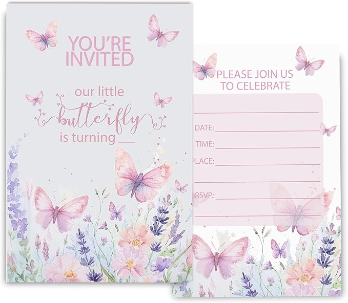 Butterfly First Birthday Invitations for Girls, 1st Floral One Little Butterfly Birthday Party Invitaions for Butterfly Party Invites, 4x6 Inches, 30 Sets with Envelopes