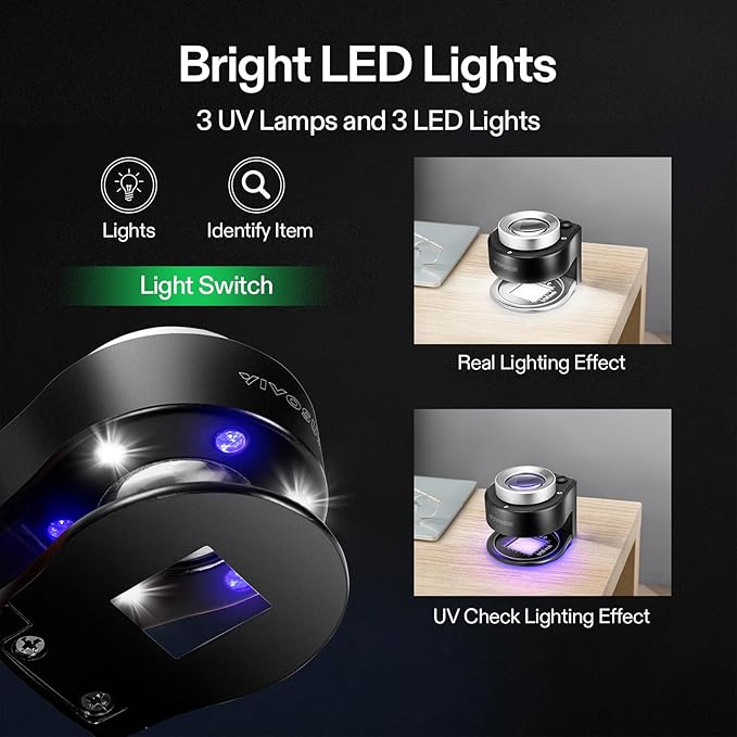 VIVOSUN 30X Rechargeable Loupe Magnifier with White LED Light and UV Light, Portable Magnifying Glass with Optical Glass Lens & Scale for Jewelry, Textile, Gems, Stamps, Coins and Plants