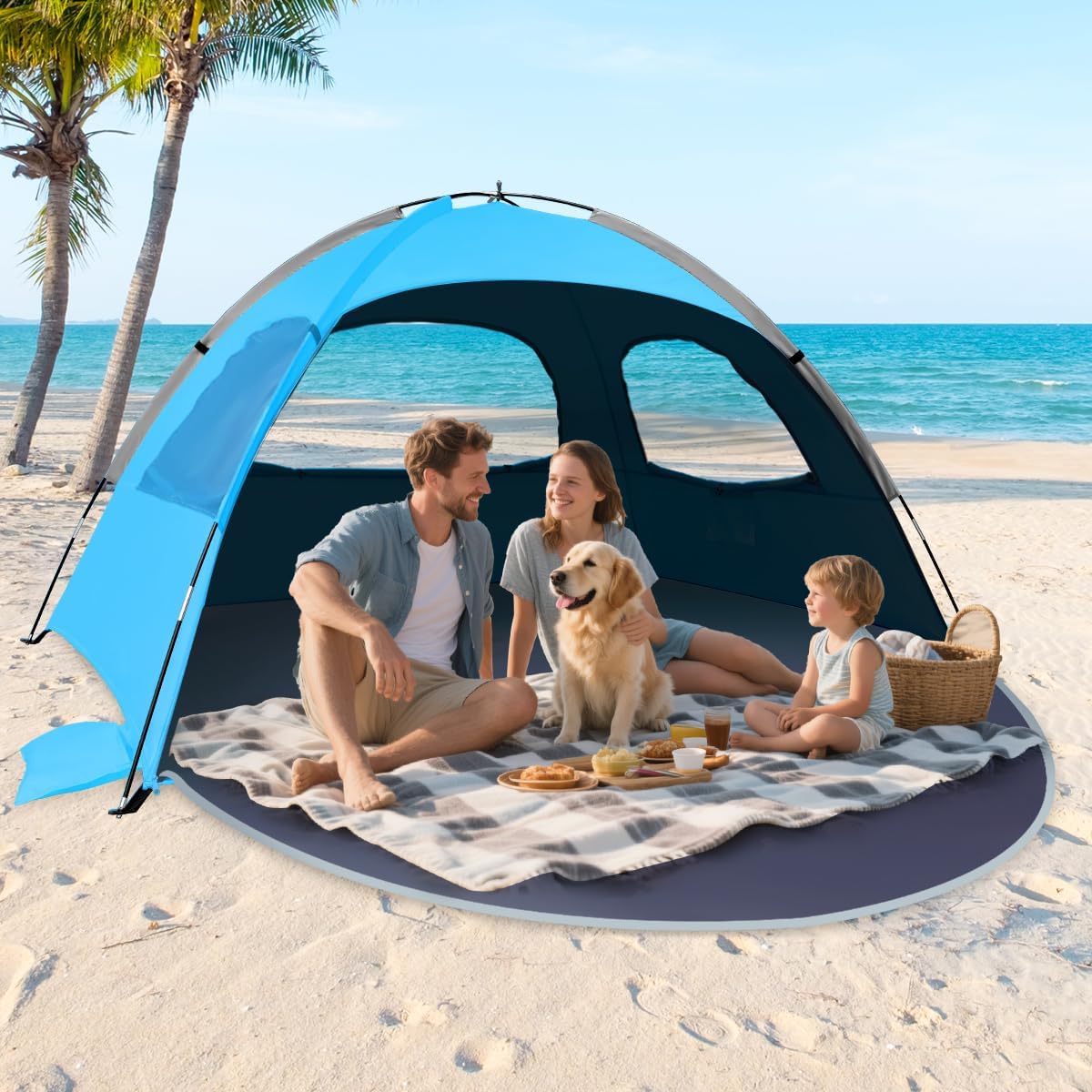 NXONE Beach Tent Sun Shade Shelter for 3/4/6 Person Person with UV Protection, Extended Floor, 3 Mesh Roll Up Windows & 8.0/8.5mm Fiberglass Rods丨Carry Bag Included
