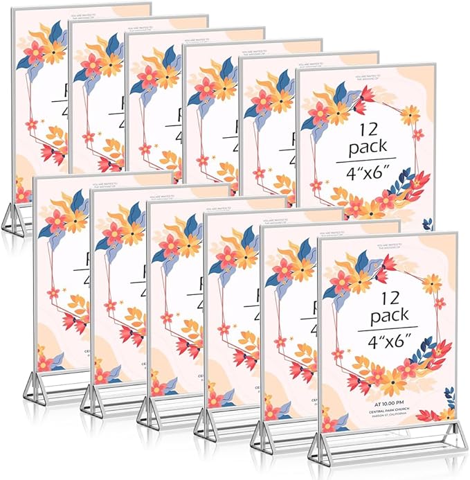 4x 6 Acrylic Sign Holder 12 Pack, Double Sided Silver Picture Frames Clear Wedding Table Numbers for Party, Menu, Restaurant, Photo, Office, Hotels, Meetings