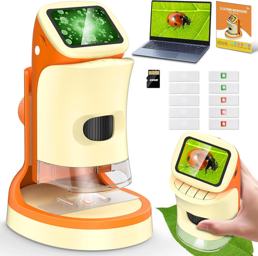 Microscope for Kids 2-in-1 Pocket Portable 1000X 2.0'' HD Screen Handheld Digital Microscopes with 10 Slides, Photo/Video, 6 Adjustable LEDs, Edu Science Kit Gift for Kids Age 5-7 8-12
