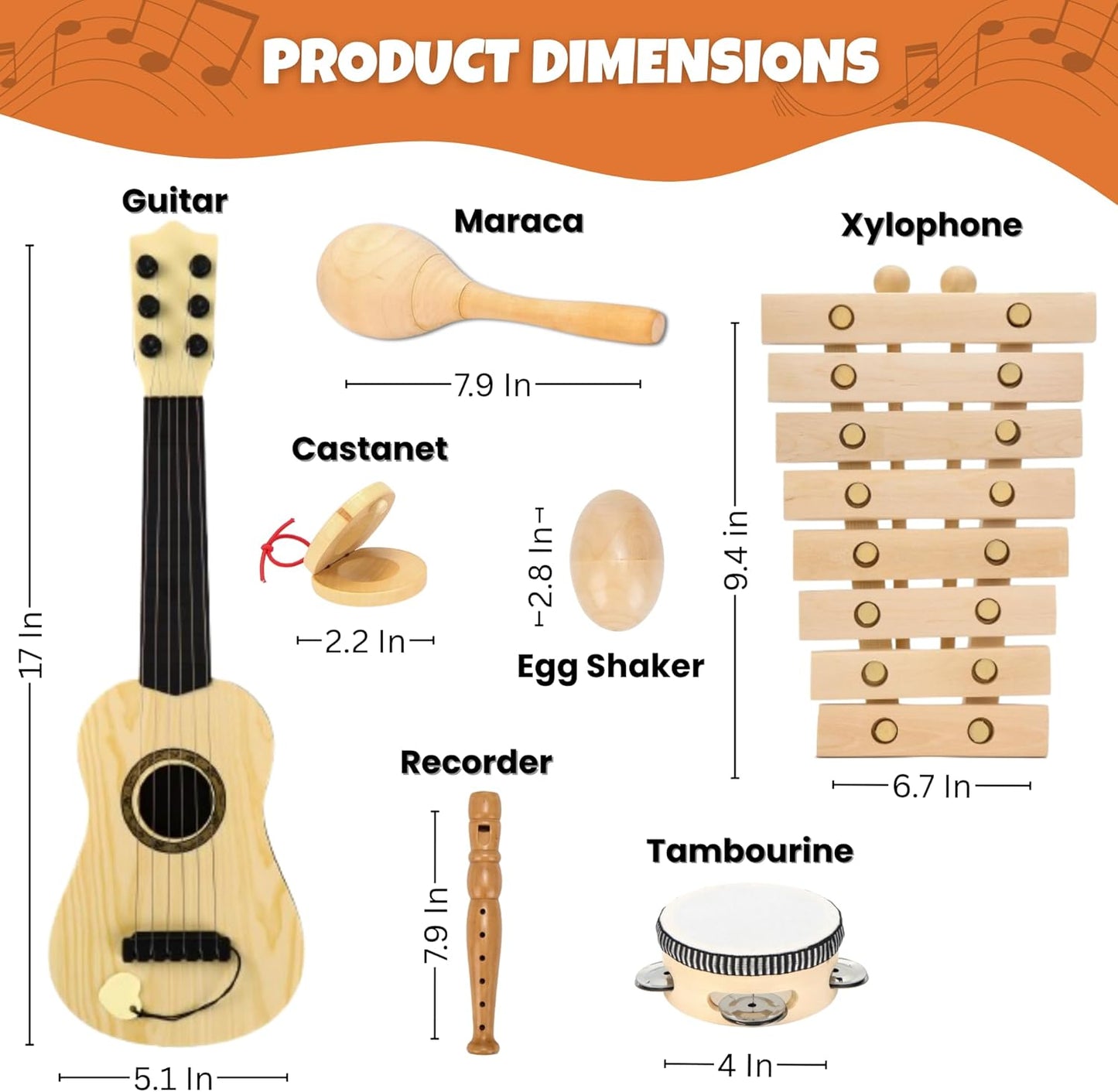 Natural Wood Musical Toys for Toddlers 1-3, Kids Musical Instruments set of 7 items Kids Guitar Egg shakers Flute Instruments Maracas Baby Xylophone Tambourine Castanets, Toddler learning Toys Experts