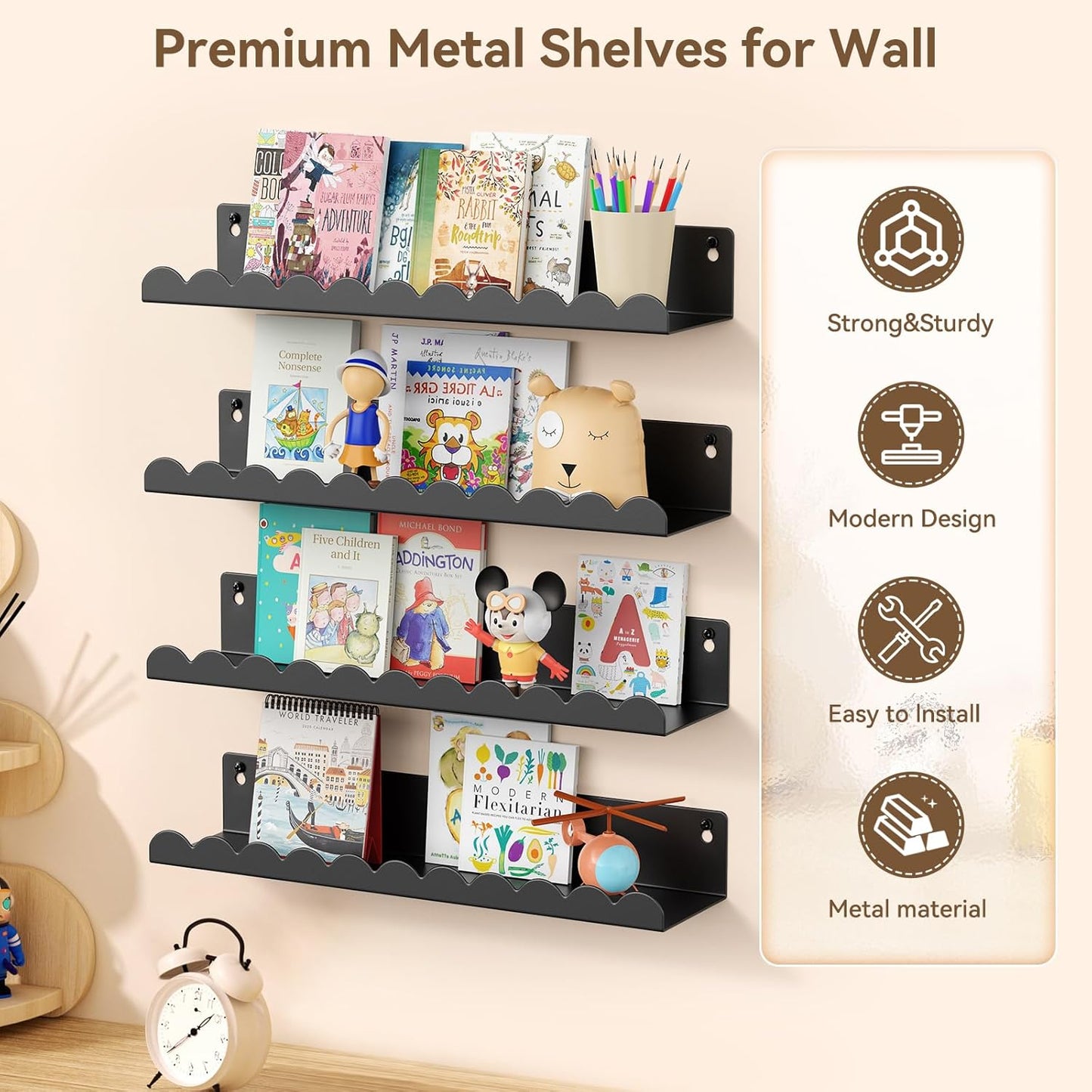 Nursery Book Shelves, 17 Inch Black Metal Floating Shelves for Wall 4 Pack, Wall Mounted Book Shelf for Kids Room, Bedroom, Bathroom, Playroom Decor