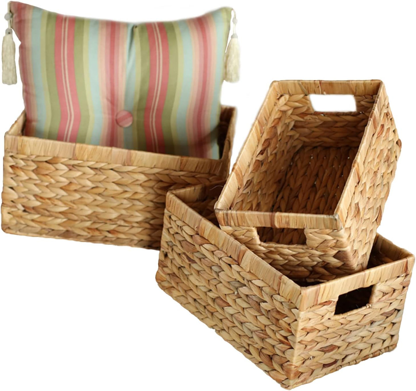 Water Hyacinth Wicker Baskets for Organizing, Rectangular Wicker Baskets with Built-in Handles 3-Pack