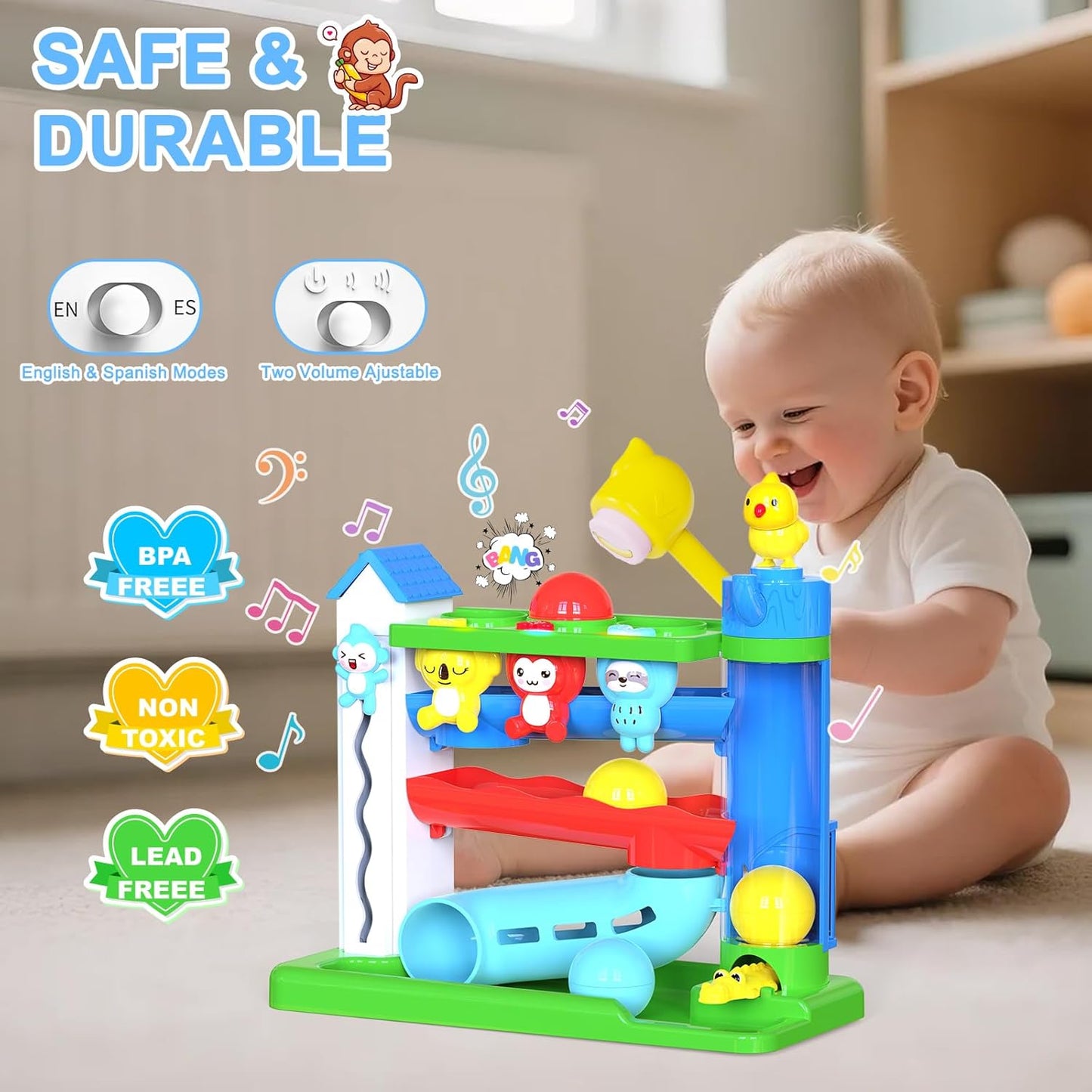 Musical Toy for 1-2 Year Old Boys,Educational Baby Toys 12-18 Months,Ball Drop Toy with English & Spanish,Fine Motor Toys for Toddlers 1-3,Birthday Gift for 1+ Year Old Boy (Blue)