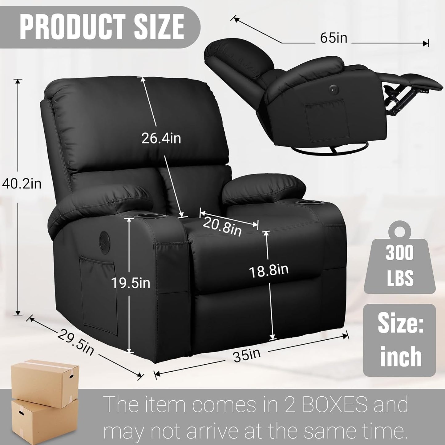 Rocking Recliner Chair, Massage Rocker Recliner Chair with Vibration Massage and Heat, USB and Type-C Ports,360° Swivel Faux Leather Chairs, Living Room, Bedroom, Nursery, RV, Black