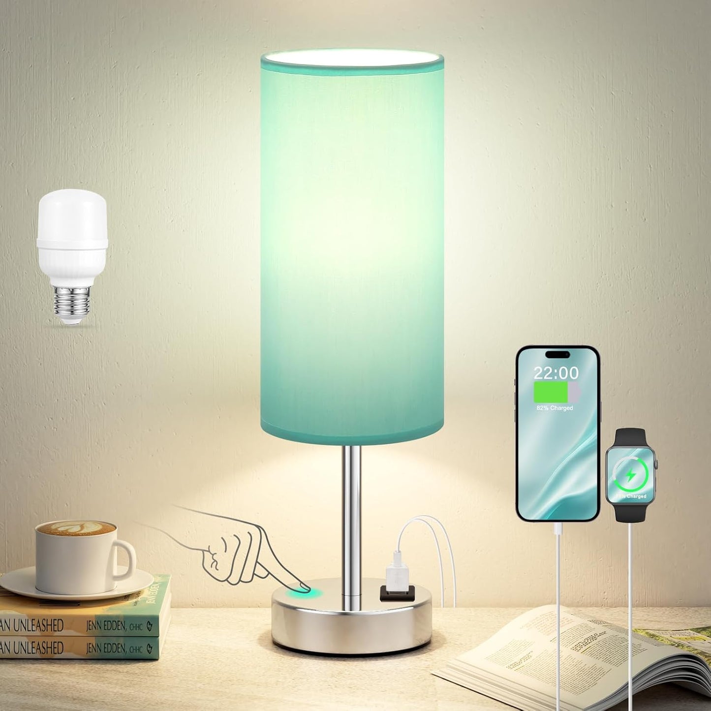 Teal Touch Bedside Lamps for Bedroom - Small Coastal Nightstand Lamp with USB-C and USB A Charging Ports, 3 Way Dimmable Control Table Lamp for Office, Dorm with Fabric Shade Silver Base