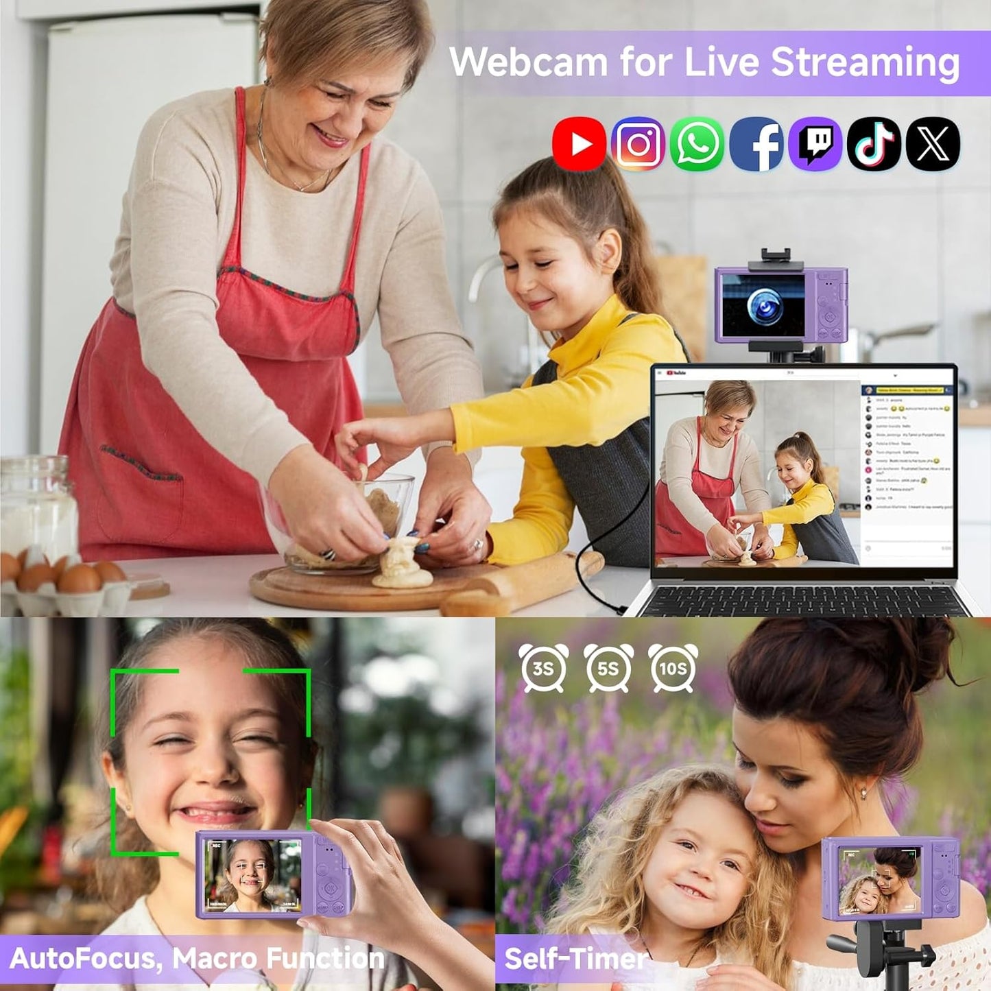 Digital Camera for Teens, FHD 4K 44MP Digital Camera Purple with 64GB SD Card 16X Digital Zoom, Cameras for Photography Compact Point and Shoot Camera for Teen Boys Girls Kids Camera Digital Purple