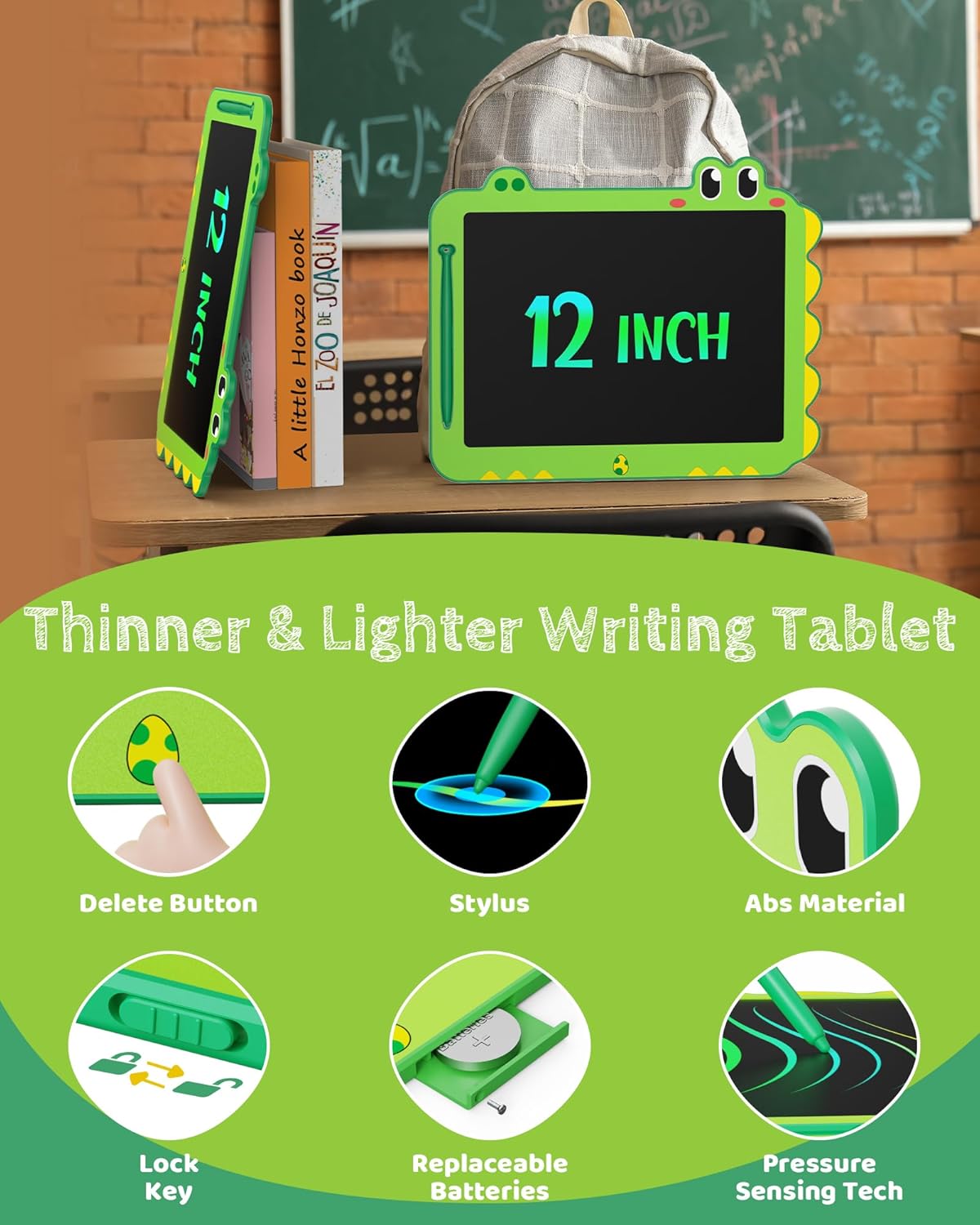 TEKFUN LCD Writing Tablet for Kids, 12 Inch Doodle Board for Toddler, Colorful Drawing Tablet, Reusable Electronic Pads Educational and Learning Toys Gifts for 3-13 Years Old Boys and Girls (Green)