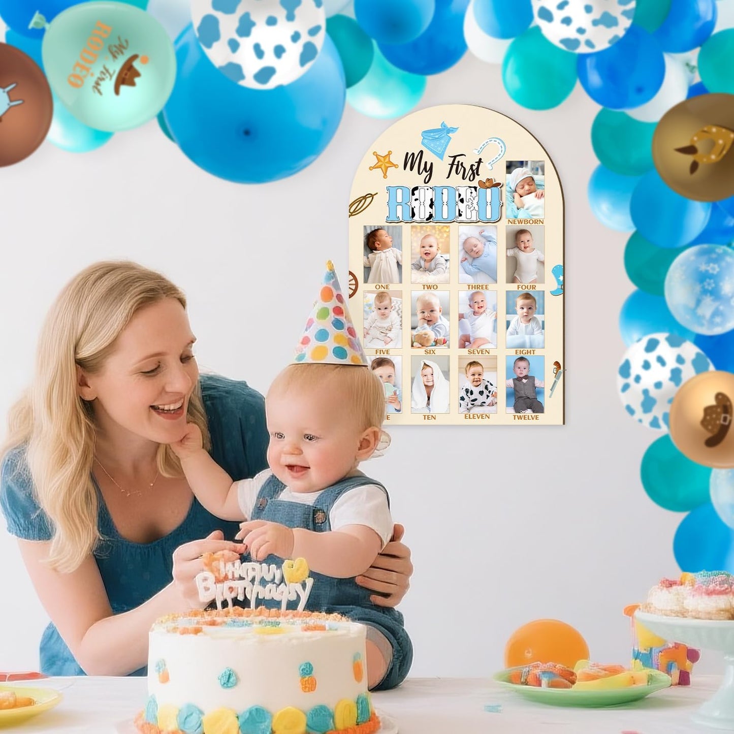 R HORSE 3D My First Rodeo Birthday Wood Photo Display Board, Blue Cowboy Baby's First Year Picture Frame, 1-12 Months Milestone Board Birthday Decorations Keepsake Gift for Baby Boys Nursery Decor