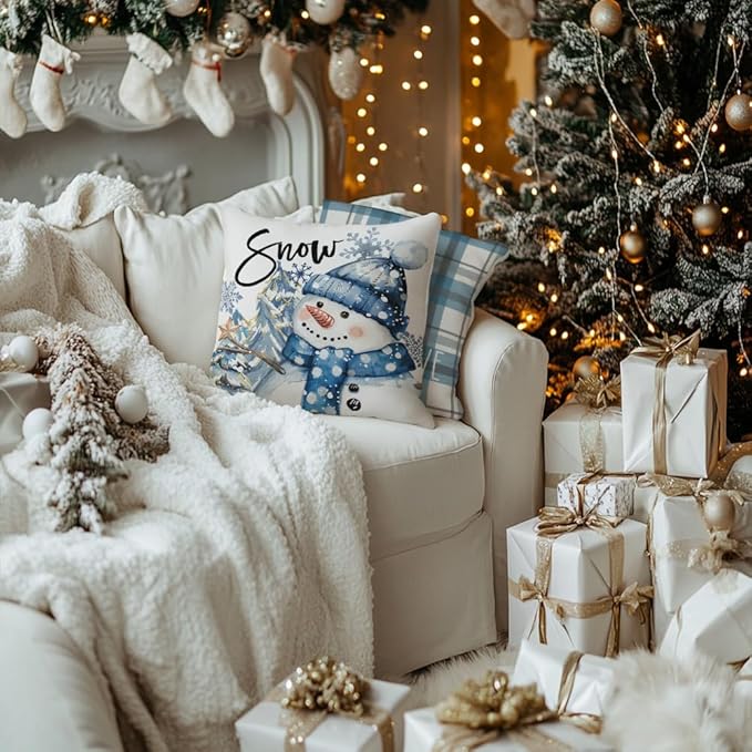 GEEORY Winter Christmas Throw Pillow Covers 18 x 18 Inch Set of 4, Xmas Trees Snowflake Snowman Joy Plaid Holiday Farmhouse Decorative Cushion Cases for Home Decoration G582-18
