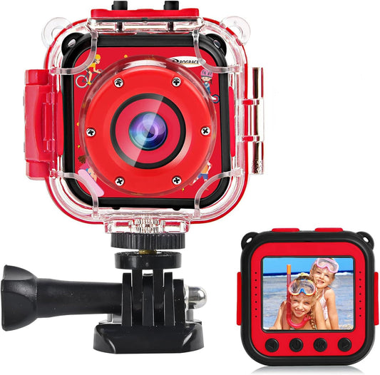 PROGRACE Waterproof Camera for Kids - Christmas Birthday Gifts for 3-12 Year Old Girls 1080P Toddler Digital Cameras Pool Toys for Kids Underwater Video Camera with 32GB SD Card Red